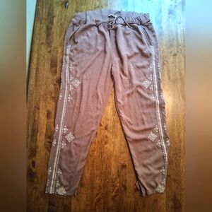 Sundance Tabia Tan Embroidered Drawstring Waist Pants Size L